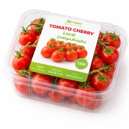 Fresh local cherry tomatoes 250g pack on white background | طماطم شيري محلية طازجة 250 جرام بخلفية بيضاء
