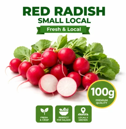 Fresh local small red radish 100g pack on white background | فجل أحمر صغير محلي طازج 100 جرام بخلفية بيضاء